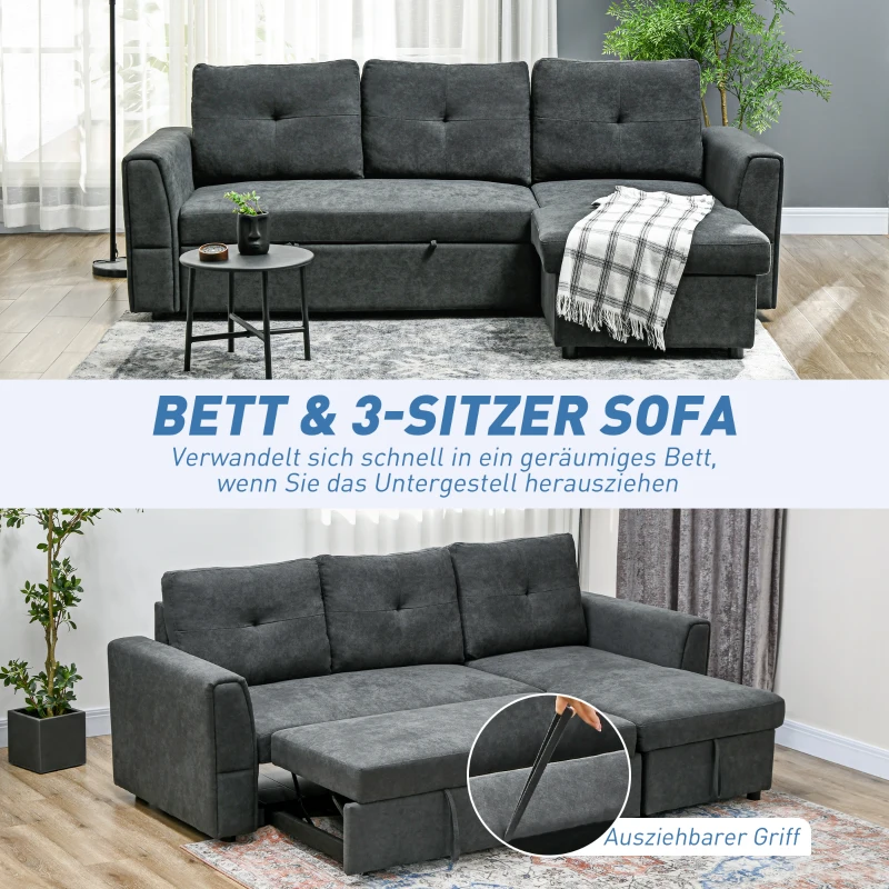 HOMCOM 3-Zit Slaapsofa met bedfunctie, slaapbank met chaise longue, gestoffeerde bank, Donkergrijs