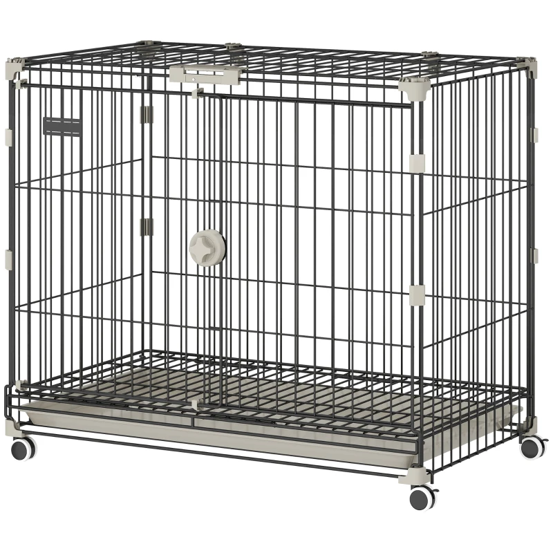 PawHut Cage pour Chien, Plateau Amovible, Roues avec Freins, Toit Ouvrant Verrouillable, 75,5x46x64,5cm, Noir