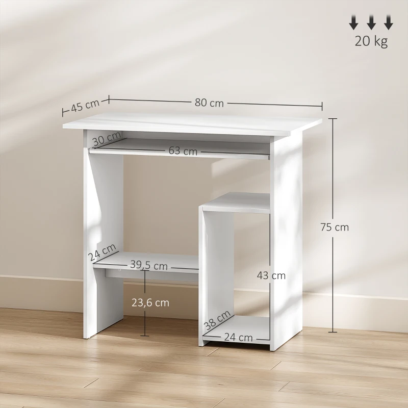 HOMCOM Computertafel, Bureau, Spaanplaat, Metaal, 80 x 45 x 75 cm, Wit
