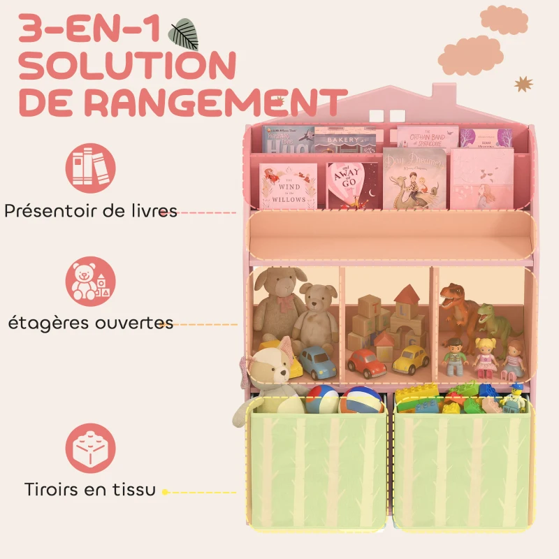 AIYAPLAY Meuble rangement enfant, bibliothèque enfants avec étagères ouvertes et 2 tiroirs en tissu, MDF, rose