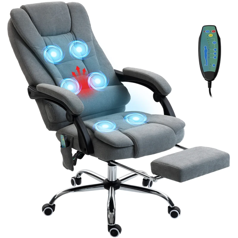 Vinsetto Fauteuil de bureau massant et chauffant, chaise de bureau, hauteur réglable, dossier inclinable, 65x70x111-119cm, gris