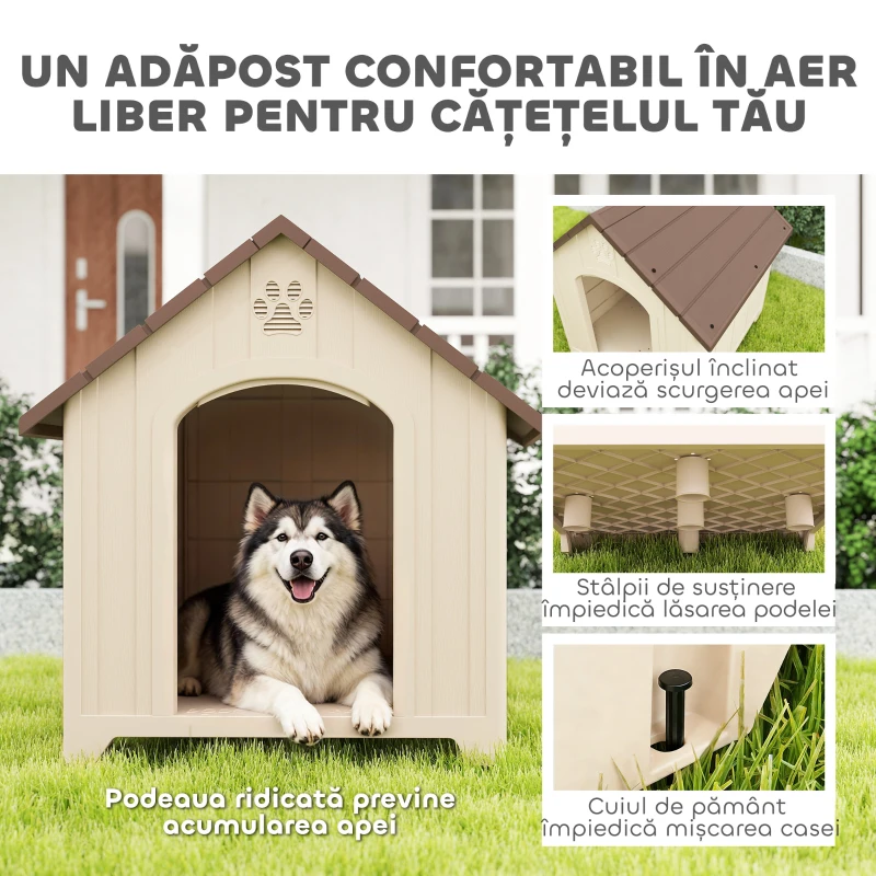 PawHut Căsuță pentru câini de exterior, talie mare și XL, căsuță din plastic impermeabil cu bază ridicată, ferestre și acoperiș înclinat pentru grădină, curte, terasă, casă, 102x94x103 cm, Bej