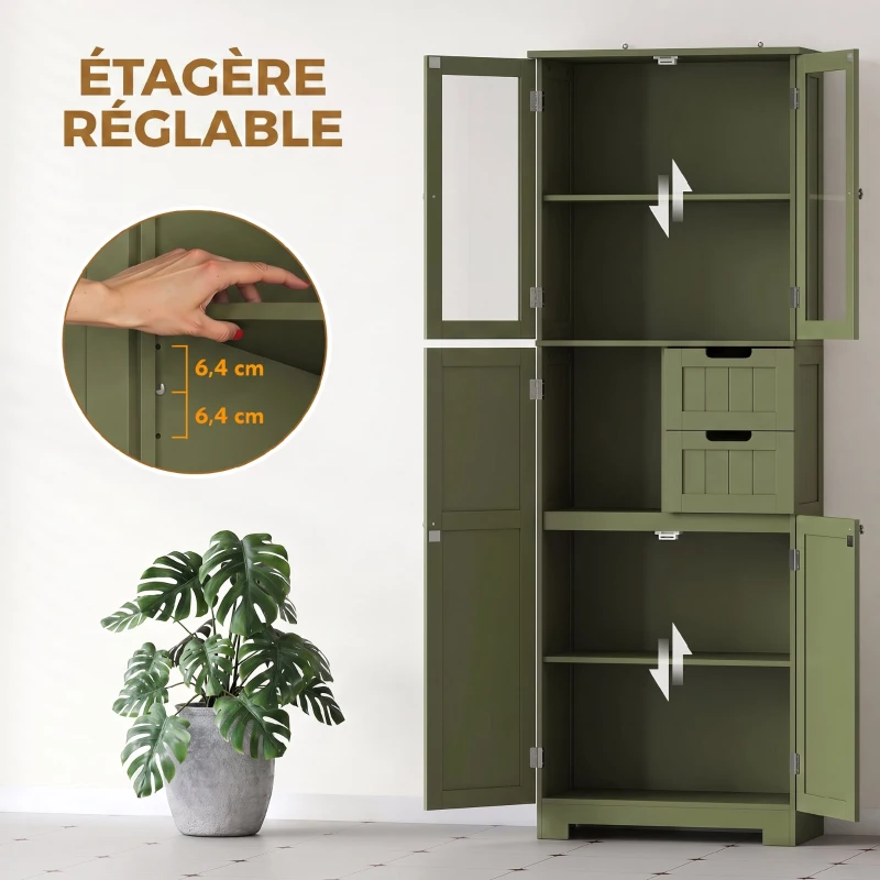 HOMCOM Meuble haut de rangement, armoire avec portes vitrées et étagères réglables pour salle de bain, cuisine, salon, vert