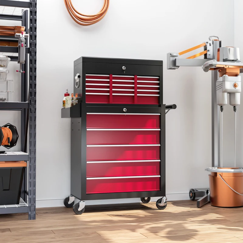 HOMCOM Gereedschapswagen, Tweedelig, Afsluitbaar, 14 Laden, Zijwand met Gaten, Staal, Rood(m-2)