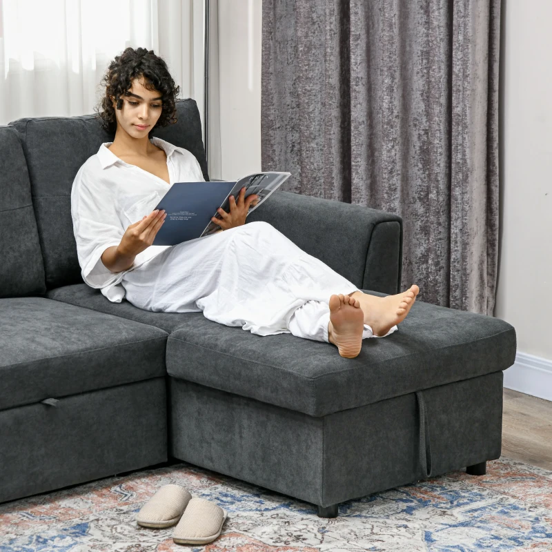 HOMCOM 3-Zit Slaapsofa met bedfunctie, slaapbank met chaise longue, gestoffeerde bank, Donkergrijs