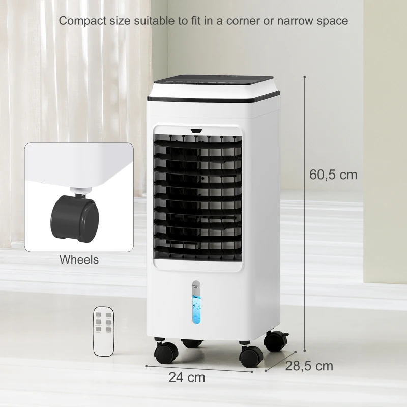 HOMCOM Ventilator, Luchtkoeler en Klimaatunit, 3 Modi, Afstandsbediening, Timer, Op Wielen, Wit