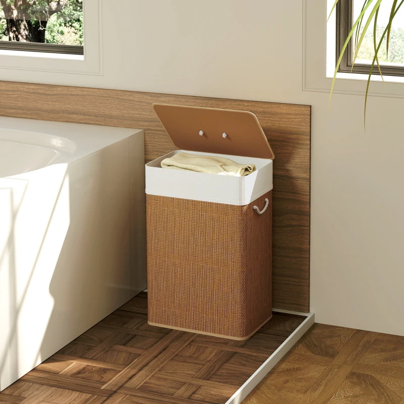 HOMCOM Bamboe Wasmand met Deksel 72 L Wasverzamelaar met Bamboehandvatten, Uitneembare Waszak Bruin