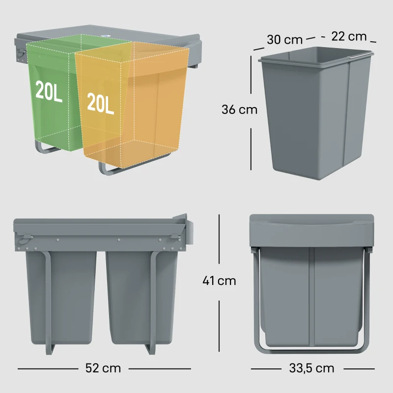 HOMCOM Uitschuifbare prullenbak, 2 x 20 L, uitneembare bakken, kunststof, metaal, grijs
