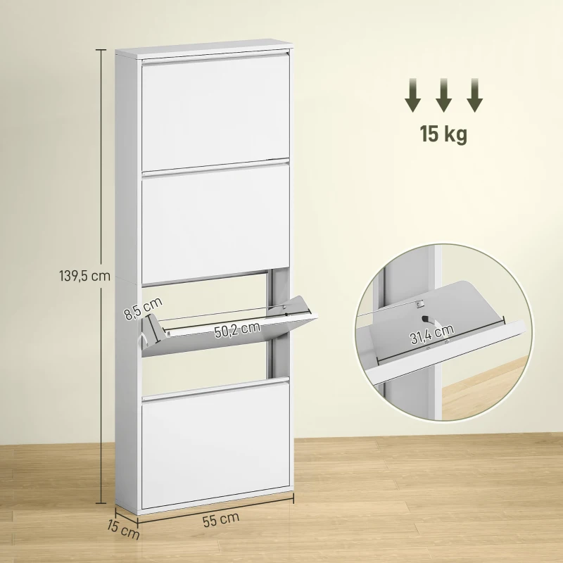 HOMCOM Smalle Metalen Schoenenkast voor Maximaal 8 Paar Schoenen, 4 Klaplades, voor Hal en Entree, Wit(m-3)