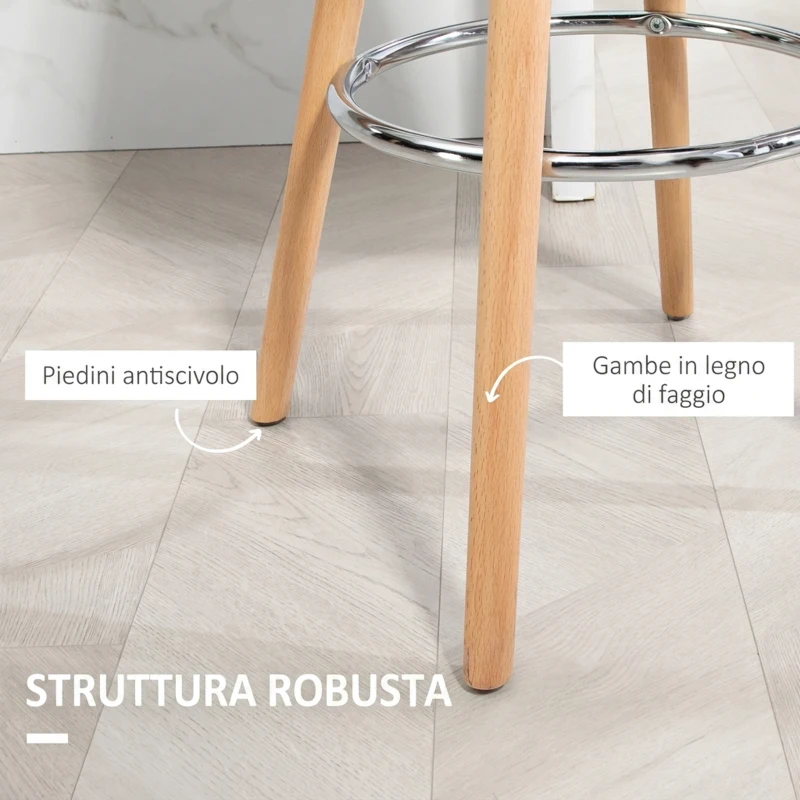 HOMCOM Set 2 Sgabelli Bar in PU Moderni, Sgabelli Cucina Alti con Schienale, Poggiapiedi in Acciaio, Seduta Alta 69 cm Imbottita, Gambe in Legno