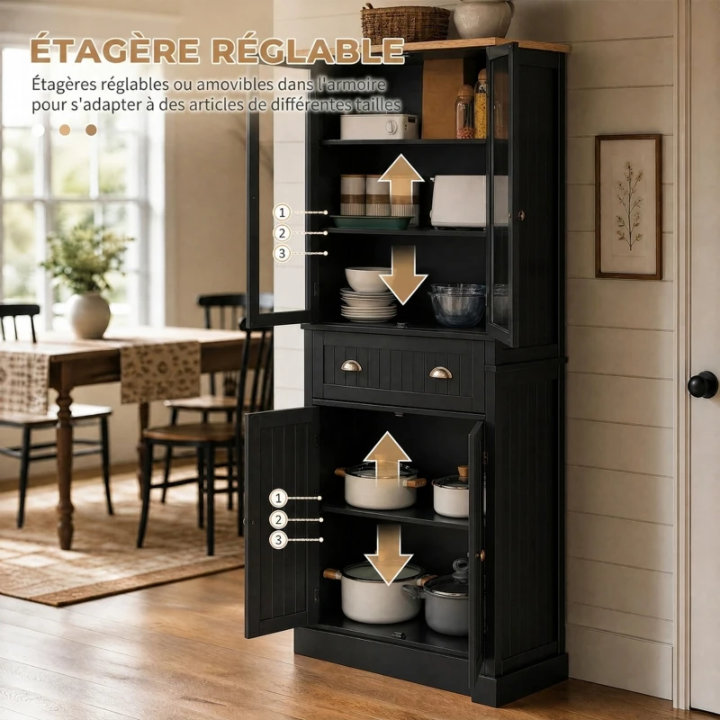 HOMCOM Buffet meuble cuisine rangement armoire de cuisine 4 portes dont 2 portes vitrées et 1 tiroir étagères réglables - noir