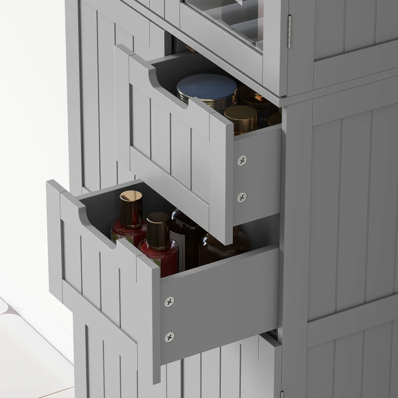 HOMCOM Meuble de salle de bain haut, meuble de rangement avec 4 portes dont 2 vitrées, 2 tiroirs et étagères réglables, gris