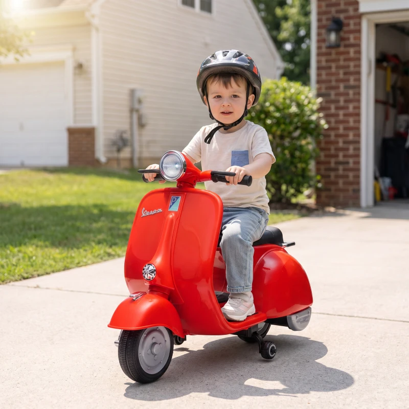 AIYAPLAY Moto Eléctrica para Niños Licencia VESPA Arranque Suave Ruedines Desmontables Luz Delantera Música, Bocina USB Rojo