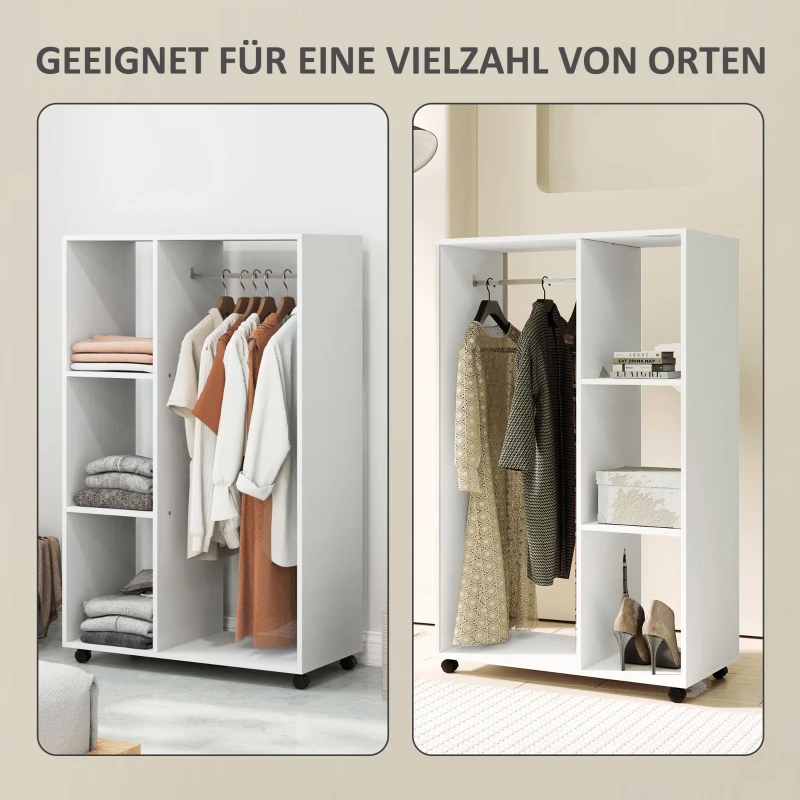 HOMCOM Mobiele Open Garderobe op Wielen, Garderobekast, Verplaatsbaar Kledingrek, 80 x 40 x 128 cm, Wit(m-4)