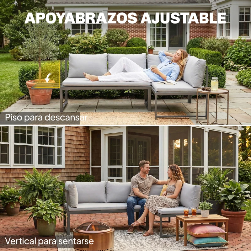 Outsunny Conjunto de Jardín Exterior con Cojines 2 Sofás de 2 Plazas Reposabrazos Ajustables y Mesa de Centro de Listones Gris