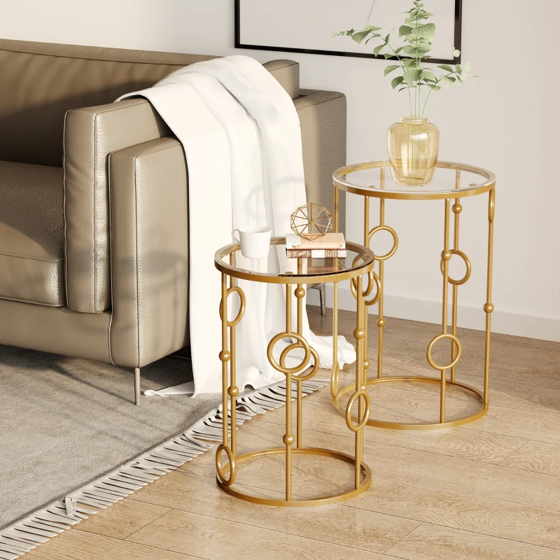 HOMCOM 2-delig Salontafelset, Bijzettafel met Glazen Blad, Woonkamer Tafel met Reifen- en Kogelontwerp Ø41 x 57 cm, Goud