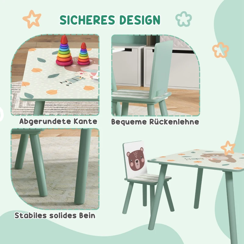 ZONEKIZ Zitgroep voor kinderen 3-8 jaar, 1 tafel & 2 stoelen, schattig dierenmotief, groen