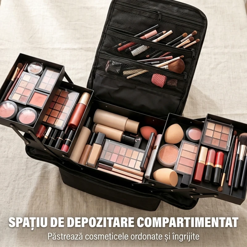 HOMCOM Trusă Machiaj Profesională, 4 Compartimente Interioare Detașabile, Curea și Mâner, 27,5x19,5x24,5 cm, Negru