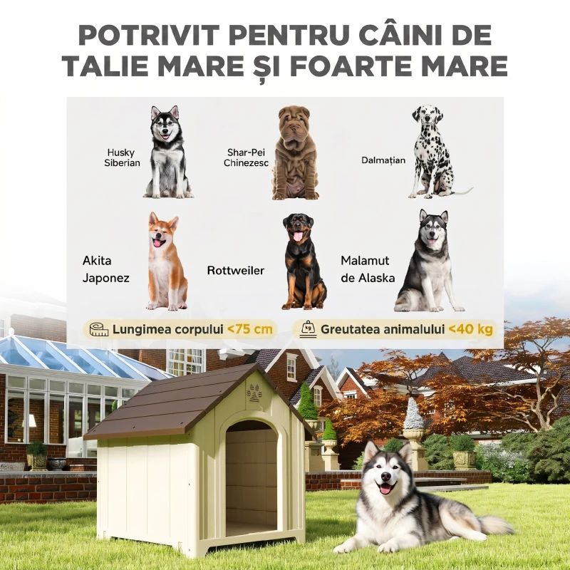 PawHut Căsuță pentru câini de exterior, talie mare și XL, căsuță din plastic impermeabil cu bază ridicată, ferestre și acoperiș înclinat pentru grădină, curte, terasă, casă, 102x94x103 cm, Bej