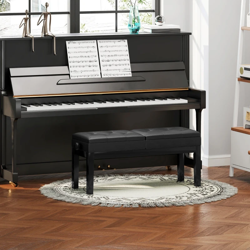 HOMCOM Pianobank, Verstelbare Dubbele Zitplaats, Opbergruimte, Kunstleer, Zwart(m-2)