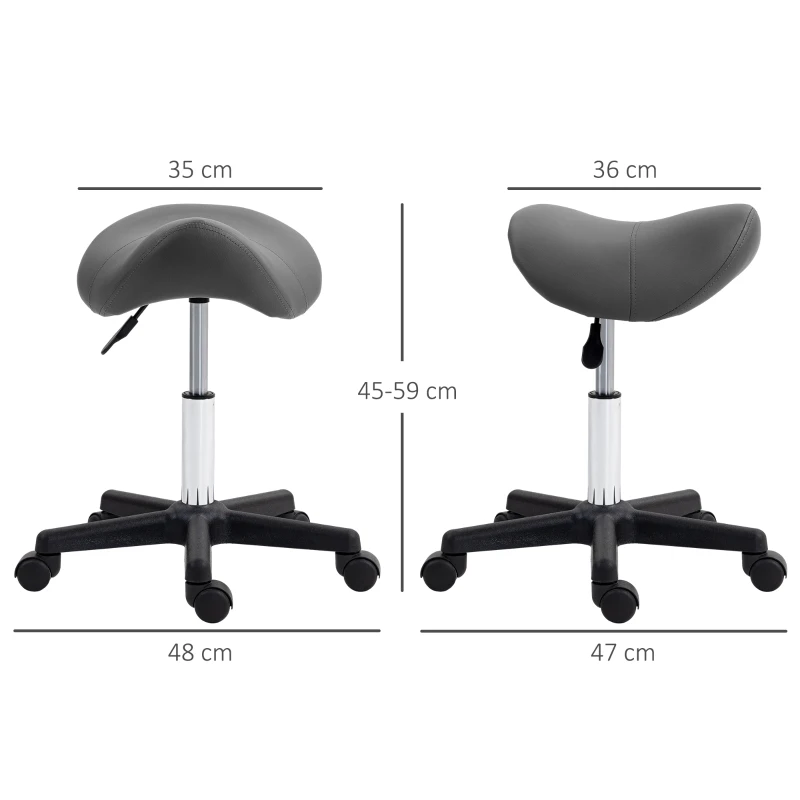 HOMCOM Rollende Kruk, zadelvormige zitting, hoogte verstelbaar, 360° draaibaar, kunstleer, grijs, 48 x 47 x 45-59 cm