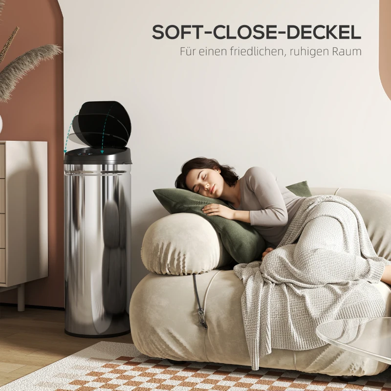 HOMCOM 50 Liter Sensor-Prullenbak met Soft-Close-Functie, contactloze Vuilnisbak van Roestvrij Staal voor hygiënische Keukens, Kantoren, Zilverkleurig(m-7)