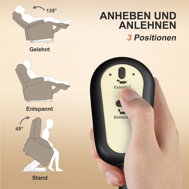 HOMCOM Powerlift Stoel, Massagstoel met Verwarmingsfunctie, Gepolsterde Stoel met Voetsteun, Zijvak, Stoffen Bekleding, Beige