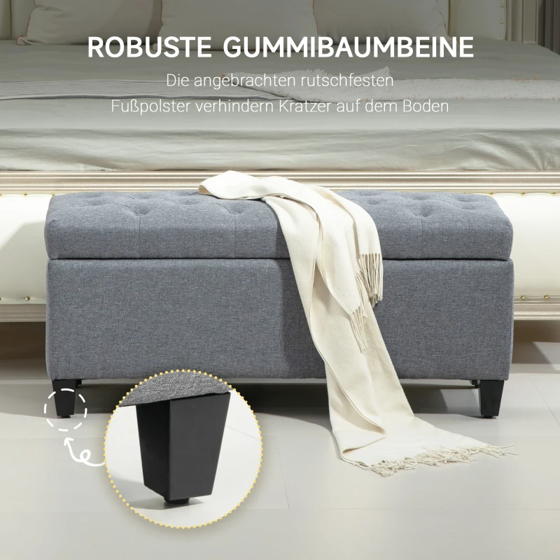HOMCOM Zitbank, Gestoffeerde Bank met Opbergruimte, Linnenachtig Polyester, Rubberhout, 100 x 40 x 44 cm, Lichtgrijs(m-5)