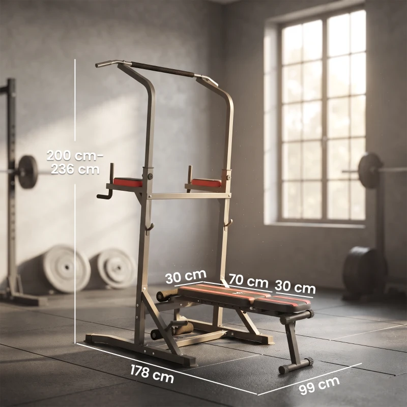 HOMCOM Power Tower Pieghevole con Panca Piana Regolabile, Rack Palestra Multifunzione con Barre per Dip e Trazioni, Altezza Regolabile 7 Livelli, in Acciaio, Allenamento Fitness Casa Palestra, Rosso