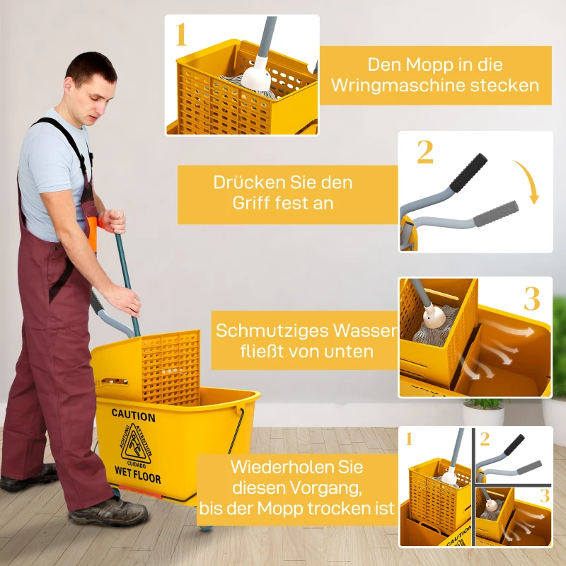 HOMCOM Schoonmaakwagen 20L Poetswagen met Pers en Veegset, Emmer incl. Mop, Rol(m-6)