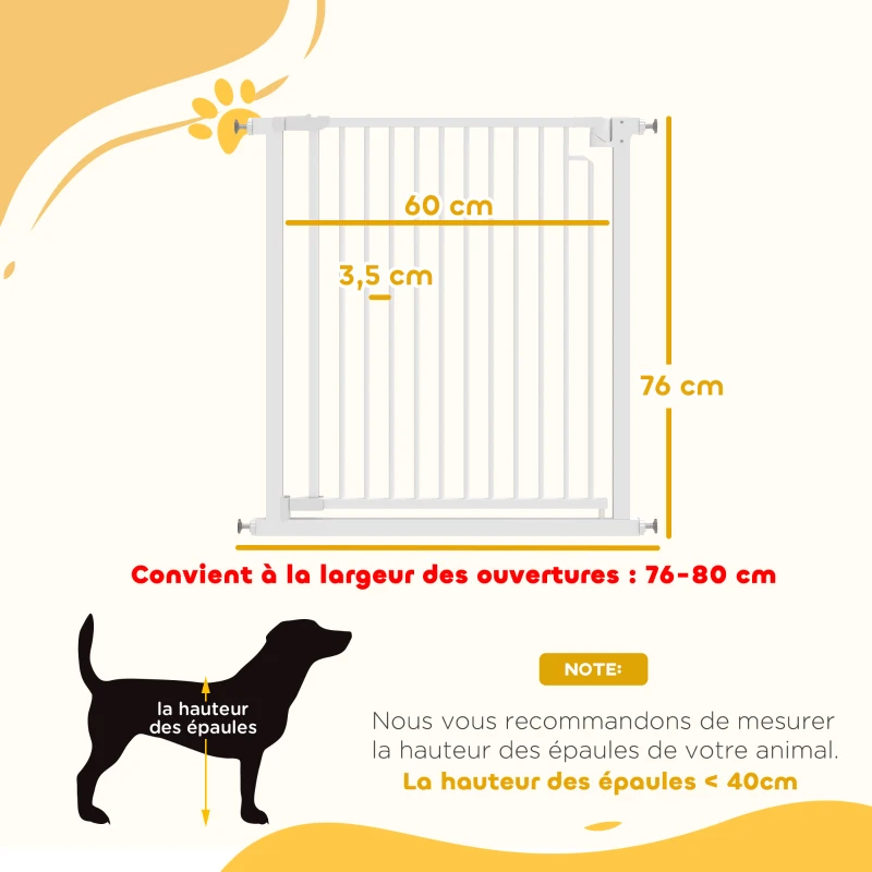 PawHut Barrière de sécurité pour chiens et bébés 76 à 80 cm avec extension fixation par pression sans perçage 76 à 80cm blanc
