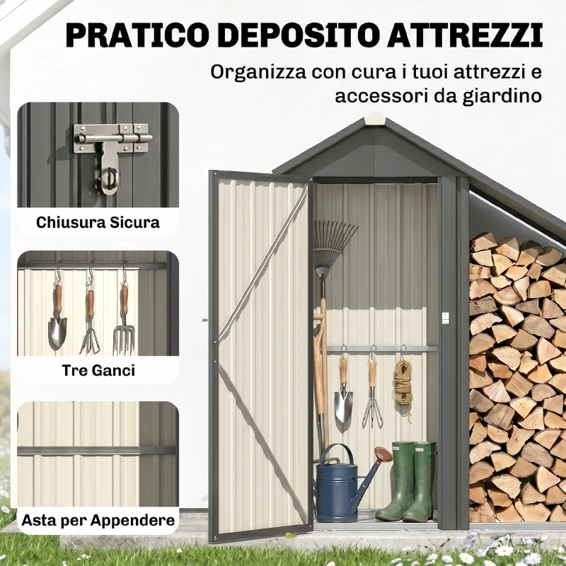 Outsunny Portalegna da Esterno con Armadietto Porta Attrezzi in Acciaio, 150x66x162 cm, Grigio Scuro