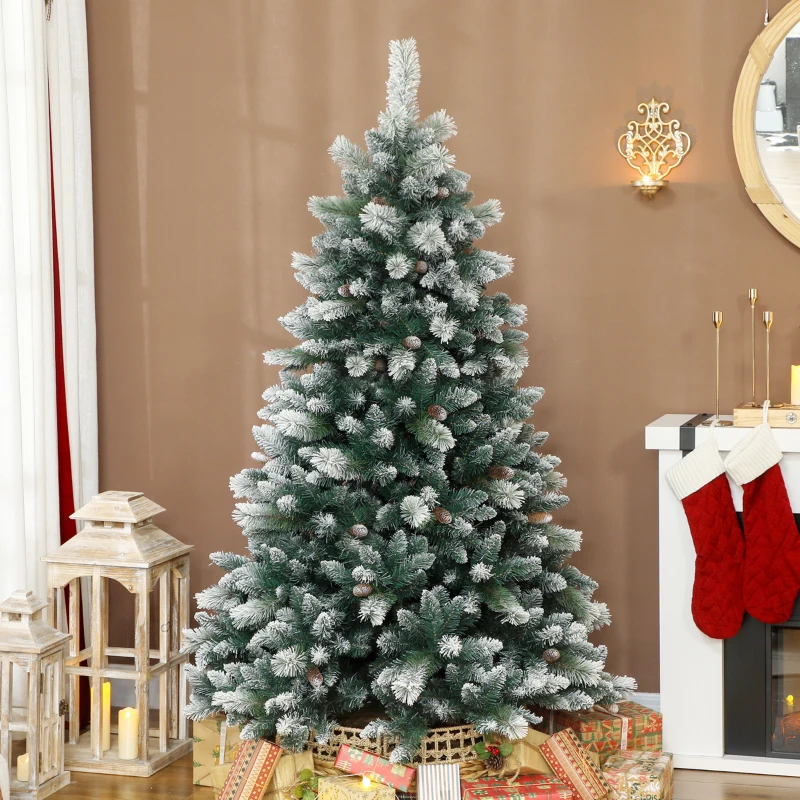 HOMCOM Kunstkerstboom 180 cm met sneeuw, 1000 uiteinden, 34 dennenappels, brede basis(m-2)