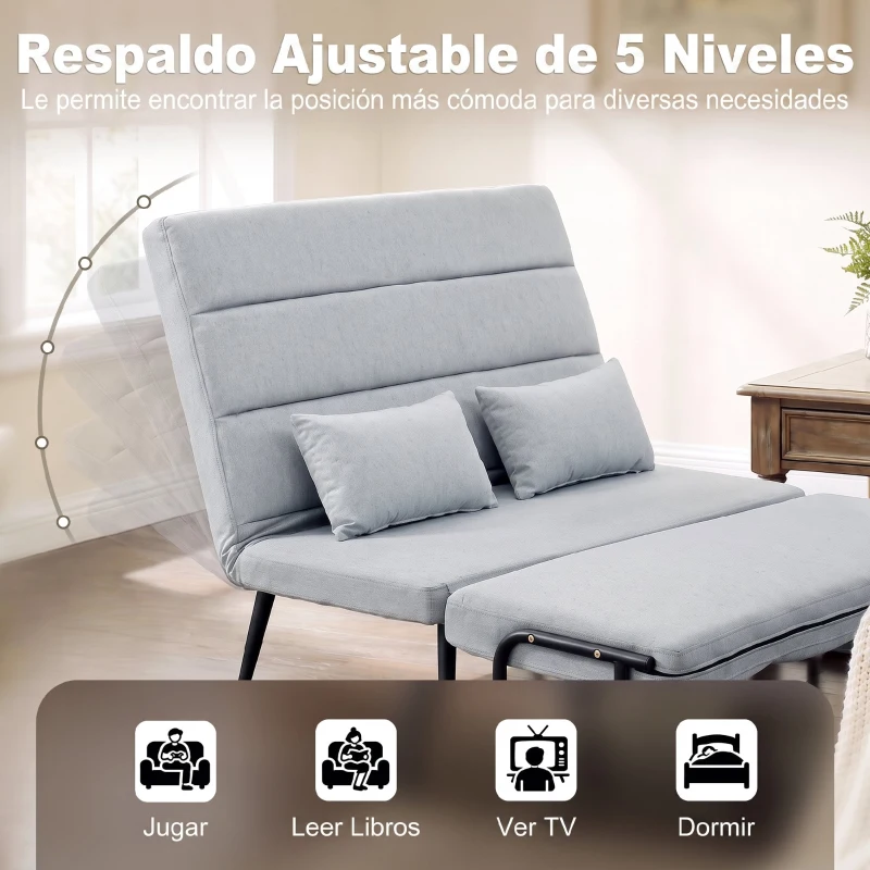 HOMCOM Sofá Cama 2 Plazas Convertible 3 en 1 Tapizado en Lino con Respaldo Ajustable Click-Clack Gris Claro