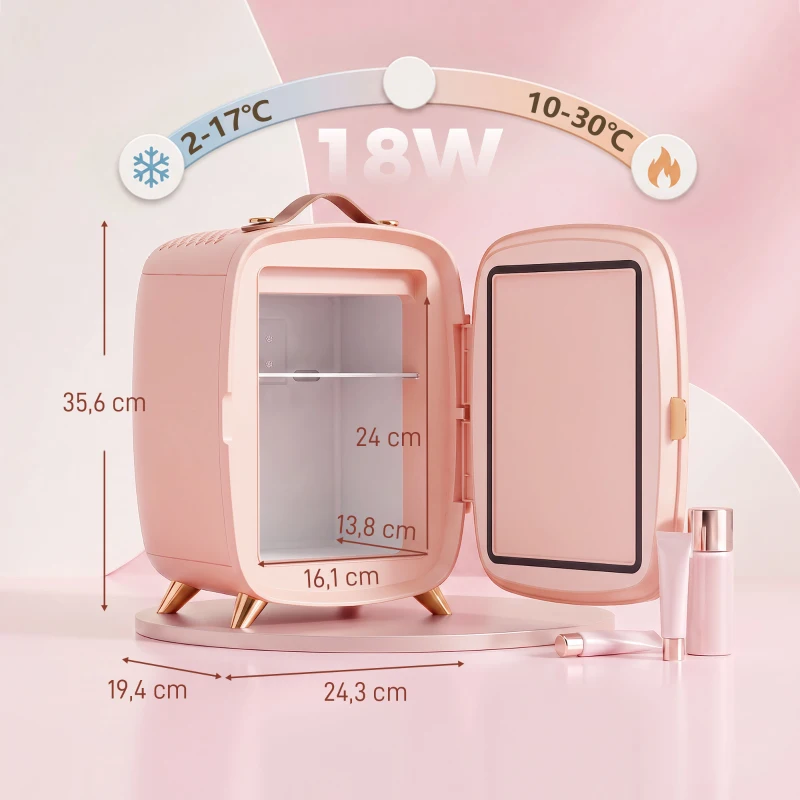 HOMCOM Mini Frigorífico para Cosméticos com 6 L Porta com Espelho e Luzes LED Ajustáveis Rosa 24,3x19,4x35,6 cm