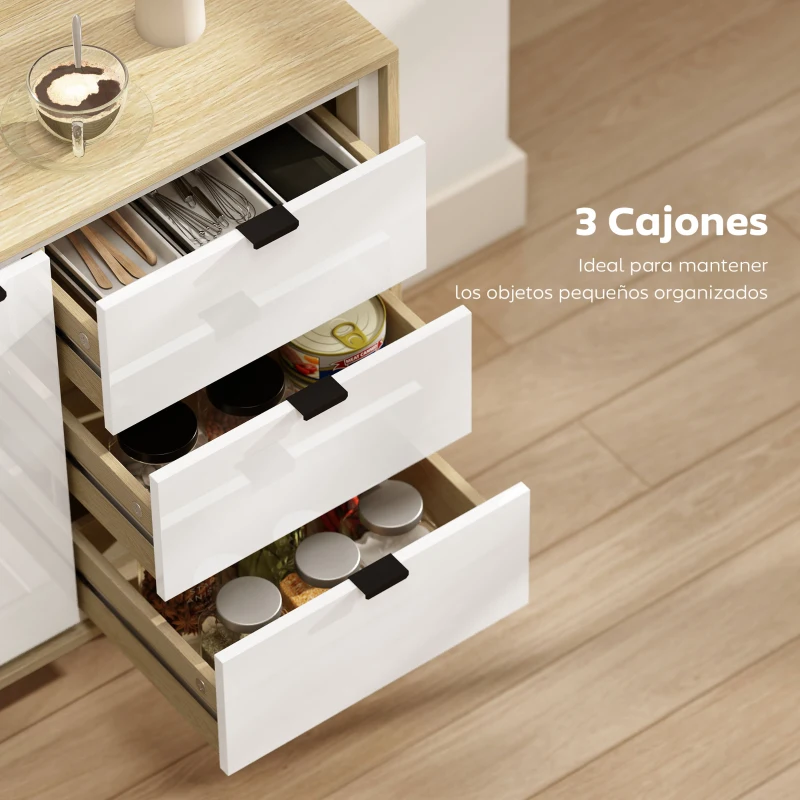 HOMCOM Aparador para Salón Moderno con Puerta 3 Cajones Estante Ajustable para Comedor Entrada 80x35x77 cm Blanco y Roble