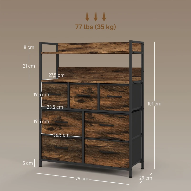 HOMCOM Stoffen Ladekast, 7 Opvouwbare Laden, 2 Planken, Stalen Frame, Bruin