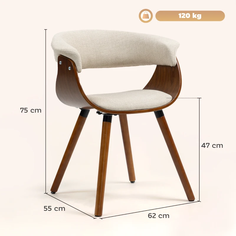 HOMCOM Eetkamerstoel, Stof in Linnenlook, Gebogen Rugleuning, Houten Poten, Beige