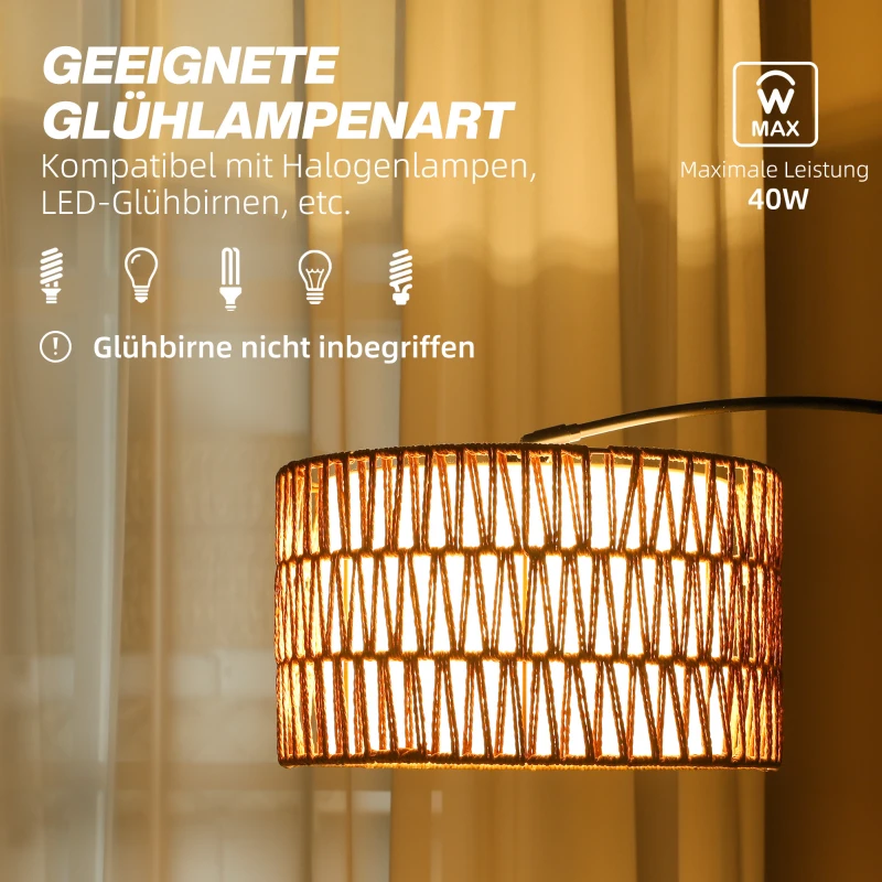 HOMCOM Staande Lamp met Henneptouw Lampenkap, In Hoogte Verstelbaar, Voetschakelaar, Metaal, Zwart