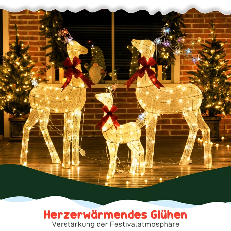 Outsunny 3-delige verlichte rendierfamilie | LED-kerstdecoratie met rode strik, staal & polyester, waterbestendig