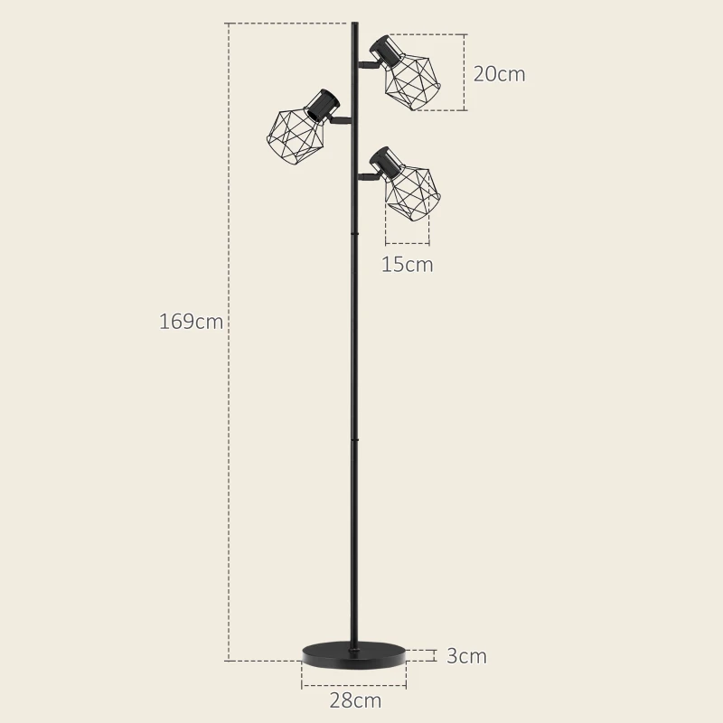 HOMCOM 3-Licht Vloerlamp met Flexibele Verlichtingselementen, Boomachtige Structuur, voor Woonkamer en Slaapkamer, Metaal, Zwart