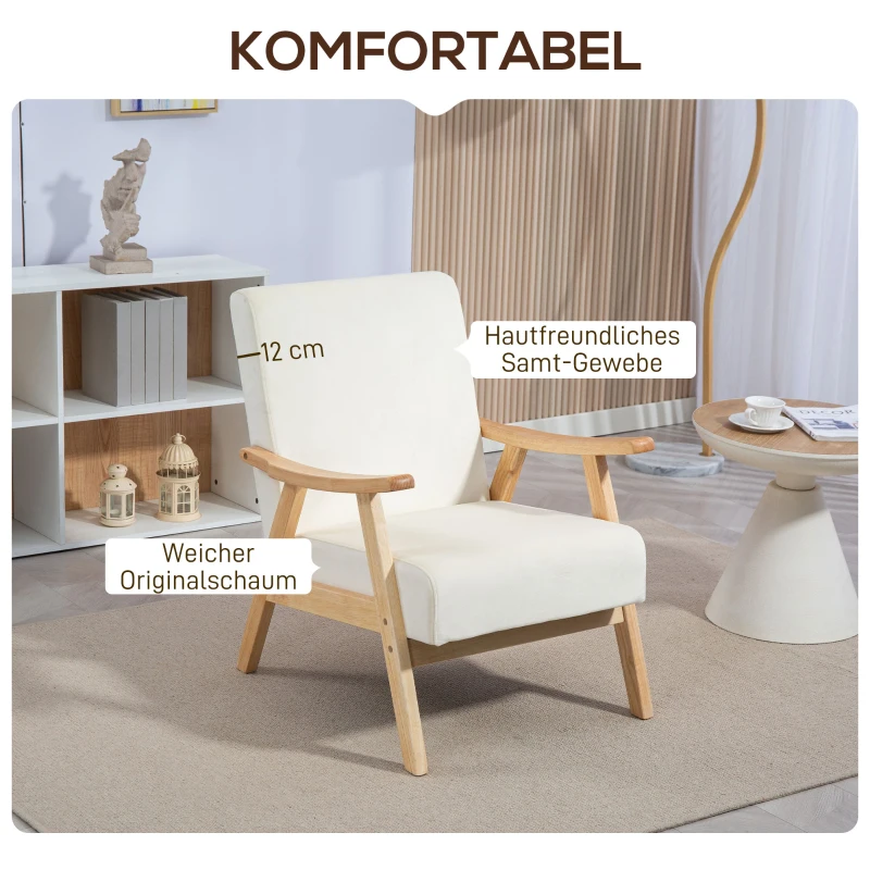 HOMCOM Gestoffeerde Stoel, Schuimvulling, Rubberhouten Frame, Crèmewit