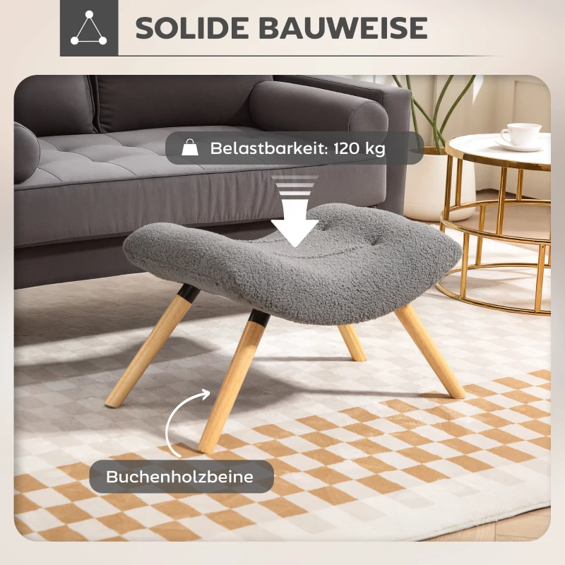 HOMCOM Moderne Voetbank met Fleece-bekleding en Houten poten, Gepolsterd, Voor Woonkamer, Slaapkamer, Hal, Donkergrijs