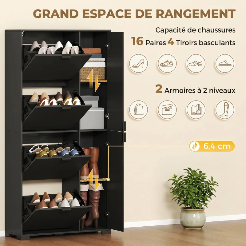 HOMCOM Meuble à chaussures 16 paires armoire à chaussures 4 tiroirs rabattables 2 portes en miroir étagères réglables noir