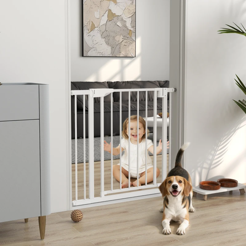 PawHut Barrière de Sécurité pour Chiens et Bébés 76 à 88 cm avec Extension, Fixation par Pression sans Perçage, 76 à 88 cm, Blanc