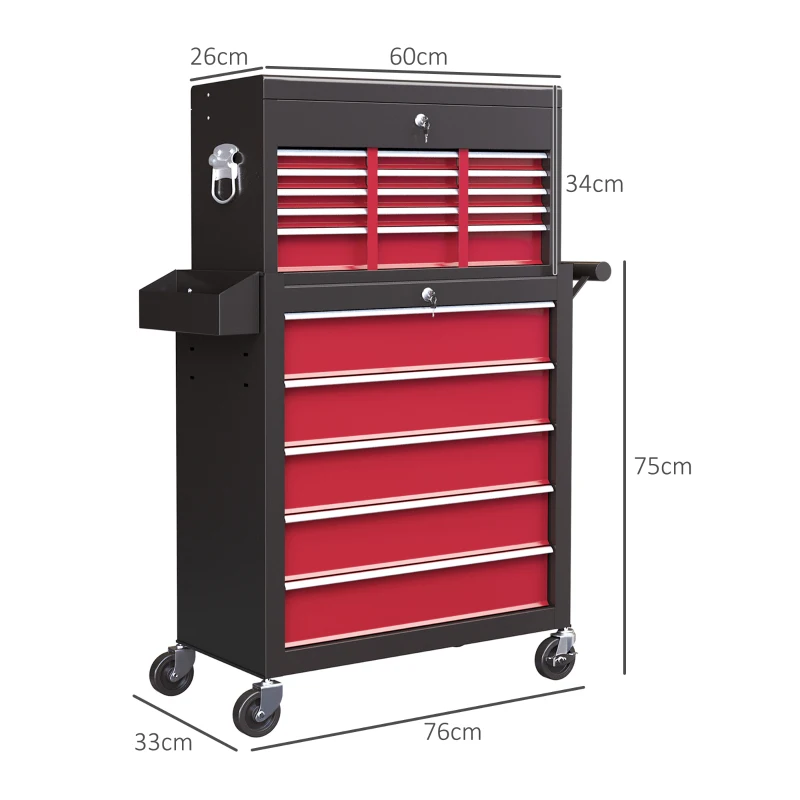 HOMCOM Gereedschapswagen, Tweedelig, Afsluitbaar, 14 Laden, Zijwand met Gaten, Staal, Rood(m-3)