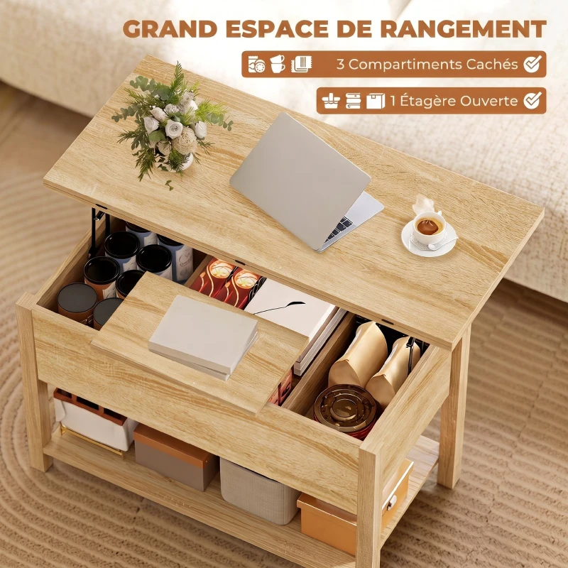 HOMCOM Table basse relevable et extensible table de salon avec compartiment caché étagère ouverte 100x45x50,5cm bois naturel