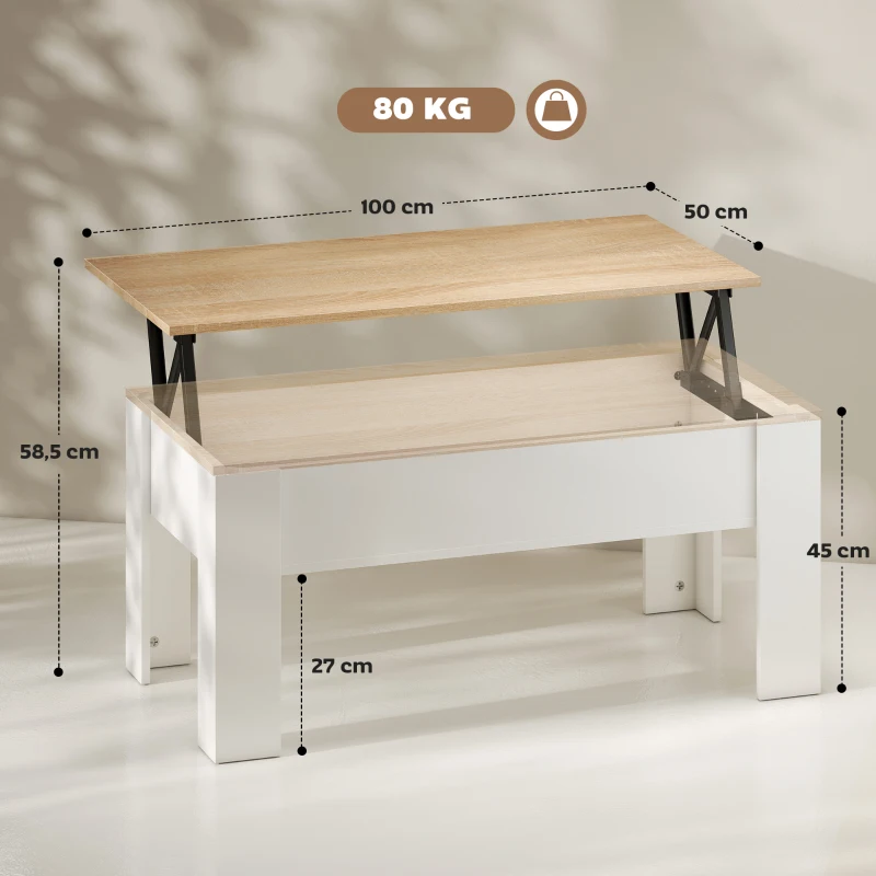 HOMCOM Mesa de Centro Elevable con Encimera Elevable con Espacio Oculto de Almacenaje 100x50x45-58,5 cm Blanco y Natural