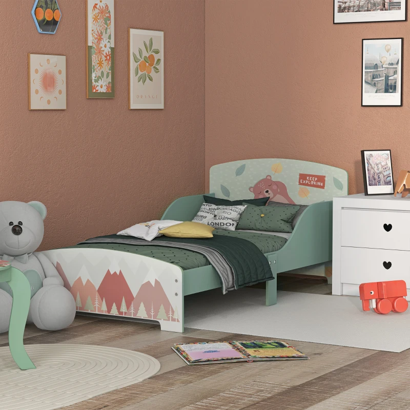 ZONEKIZ Lit pour enfant 3-6 ans avec barrières de sécurité et motifs dim. 77 x 143 x 60 cm sommier à lattes inclus - Vert