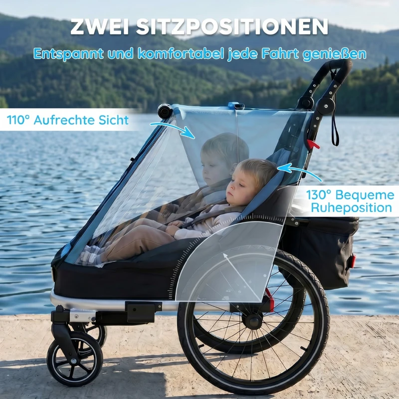 AIYAPLAY Fahrradanhänger für Kinder, 2-Sitzer, 2-in-1 faltbarer Kinderfahrradanhänger mit verstellbarem Sitz und Gurten, Blau